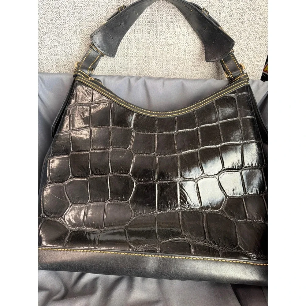 Dooney & Bourke Black Croc Embossed Leather Hobo Shoulder Bag Gold Hardware